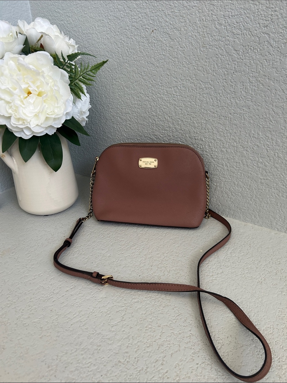 Michael Kors Mauve Brown Leather Crossbody with Gold Plate